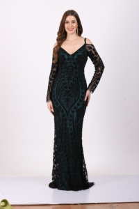 Elegant Black & Teal Off-Shoulder <b>Sequin</b> Maxi Gown Women's Black & Teal V-Neck Cold-Shoulder <b>Sequin</b> Evening Gown with Long - Product Image 4