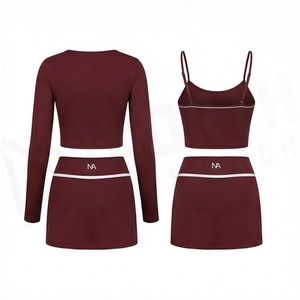 North Approach 2 Piece Yoga Set Deep V Neck Spaghetti Strap Crop Top High Waist <b>Skirt</b> Solid Burgundy Breathable Sportswear - Product Image 2