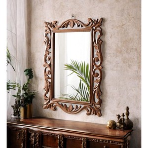 Walnut Wood Carved Statement Mirror | Handcrafted Transitional Design | Wholesale - Product Image 1