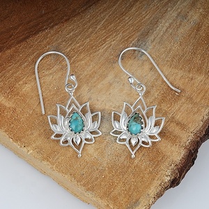 Pendientes colgantes de flor de loto turquesa tibetana natural, joyería étnica bohemia de plata de ley 925, pendientes de piedras preciosas para mujer - Product Image 2