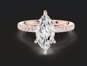 Bague de fiançailles en or rose 14 carats avec diamant taille marquise, sertie de griffes et bande pavée de diamants, bijoux de mariée élégants - Product Image 1
