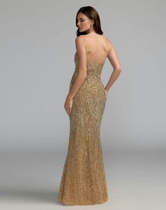 Vestido de Noche Dorado sin Tirantes con Cuentas, Hecho a Mano, Estilo Tubo, Maxi, Línea A, de Satén Antiarrugas, Elegante, Floral, con Cintura Natural, para Fiesta - Product Image 3