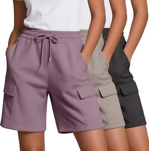 Women's Shorts Solid Color Cargo Shorts Mid Waist <b>Drawstring</b> Elastic Pockets Casual Knitted Breathable Regular Fit Summer Wear - Product Image 3