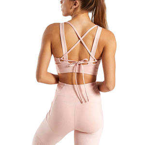 <b>Pink</b> Cross Front Sports Bra <b>High</b> Neck Yoga Fitness <b>Top</b> Seamless Women's Workout Wear - Product Image 2