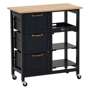 Carrello da Pranzo con Tre Cassetti, Tre Ripiani, Maniglia Color Bronzo, Piano in Legno di Gomma Color Legno Naturale, Vernice Spray Nera - Product Image 1