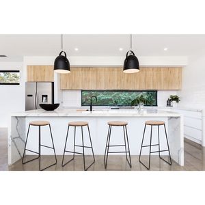 Modern <b>Bar</b> <b>Stools</b> 28"H <b>Backless</b> Set of 2 Black Metal Base with Natural Wood Seat - Product Image 3