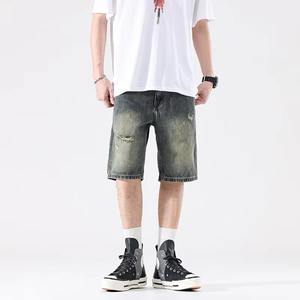 Shorts en jean pour hommes, décontractés, en coton, effet usé, broderie, taille élastique, respirants, sur mesure, haute qualité, OEM, vente en gros, mode - Product Image 3