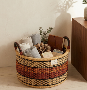 Seagrass <b>Basket</b> <b>with</b> Leather <b>Handles</b> Decorative Storage <b>Basket</b> stylist colored storage <b>basket</b> Artisan Handwoven <b>Basket</b> - Product Image 4