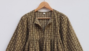 Blusa de Mujer con Estampado Artesanal, 100% Algodón, Formal, Simple, Transpirable, Cuello en V, Manga Abullonada, Corte en A, Estilo Étnico Indio - Product Image 4