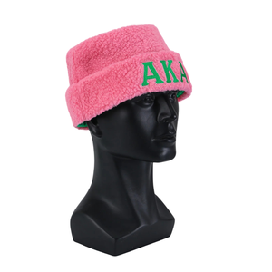 AKA Pink Sherpa Beanie Hat Pink Fleece <b>Winter</b> <b>Cap</b> with Green Embroidered Letters Soft Warm Roll Cuff Beanie for Women Men - Product Image 1