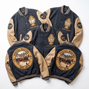 Chaqueta Bomber Varsity de Lana con Mangas de Cuero y Bordado de Laberinto, Parche de Laberinto, Abrigo Verde - Proveedor de Ropa - Product Image 6