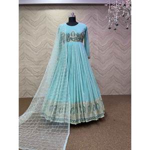 VESTIDO DE FIESTA GEORGETTE BORDADO SECUENCIA TRABAJO CON DUPATTA SKY - Product Image 1