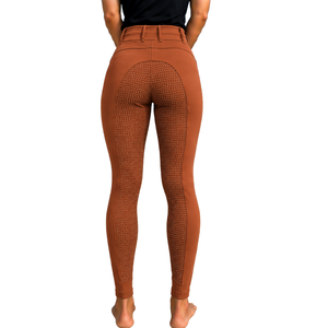 Leggings d'équitation taille haute pour femme, couleur orange rouille, extensibles, avec poche avant, texture équestre - Product Image 2