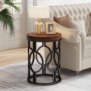 Table d'appoint en fer avec plateau en bois de luxe, rehaussant l'ambiance de la maison grâce à son motif de grain riche et sa structure noire mate - Product Image 5