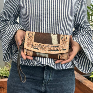 Recién llegado, cartera tallada a mano, embrague, pelo elegante en cuero de vaca, Cartera de mano, multiusos, carteras de cuero occidental - Product Image 3