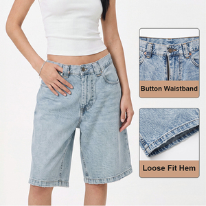 Women's <b>Jeans</b> Custom Factory Soft Comfortable <b>High</b> <b>Waist</b> Light Wash Frayed Wide Leg Denim <b>Shorts</b> - Product Image 5