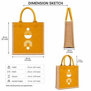 Geometric Pattern Jute Beach Tote <b>Bag</b> <b>Medium</b> <b>Size</b> Top Handle Groceries Shopping Yellow with White Silk Screen Design - Product Image 2