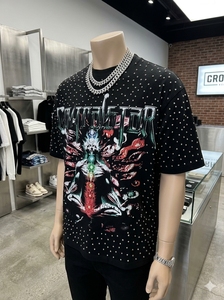 Camiseta de Manga Corta de Seda Rosa para Hombre, con Letras de Diamantes de Imitación, Cuello Redondo, Corte Holgado, Estilo Urbano, Tejido Transpirable - Product Image 5