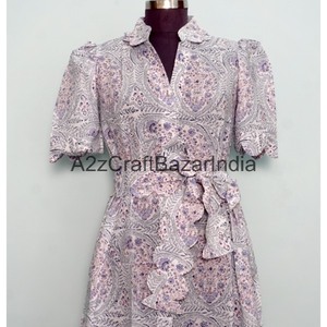 Vestido Midi de Algodón 100% Tejido a Mano en India, con Estampado Floral, Cuello en V, Mangas Cortas y Decoración de Botones, Nuevo Diseño Hermoso - Product Image 4