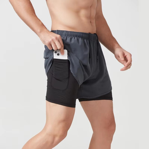 Shorts de sport 2-en-1 de haute qualité pour hommes, personnalisables, séchage rapide, pour la gym, la course et l'entraînement, motif uni, double couche, taille élastique - Product Image 2