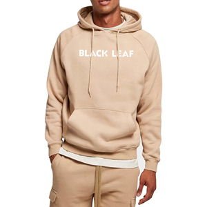 BLACK <b>LEAF</b> Custom Logo Men's Fleece Pullover Loose Fit Casual Autumn Sweatshirt Kangaroo Pocket Beige Color Raglan Sleeve - Product Image 3