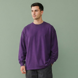 T-shirts amples de style boxy pour hommes, 100% coton respirant, manches longues, vêtements décontractés pour hommes, coupe ample, col rond, tee-shirt boxy - Product Image 1