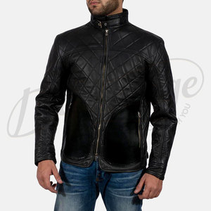Blouson en cuir matelassé noir premium pour homme, en véritable peau de mouton, avec surpiqûres en losange, coupe ajustée, style motard, manteau tendance - Product Image 5