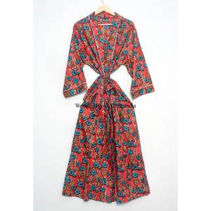 Hand Block Printed Cotton Kimono Bathrobe Indian Style Night Wear/Swim Suit/Dressing Gown Winter 100% Cotton kimono <b>robe</b> - Product Image 1