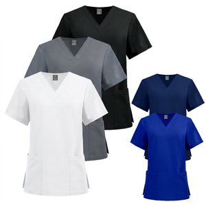 Conjuntos de uniformes médicos unisex con cuello en V, blusa de poliéster gris de punto, uniforme de hospital con bolsillos en el pecho, detección de agujas, fusión sin costuras, personalizado - Product Image 2