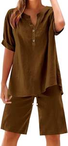 Conjunto de Pantalones Cortos y Camiseta de Manga Corta de Algodón Tejido Transpirable y Cómodo para Mujer, Ropa Informal de Verano para el Hogar - Product Image 3