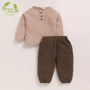 Organic Muslin Long Sleeve Henley Tshirt with Lounge Pant Set Premium Quality Latte + Cocoa Whisper Baby Clothing - Product Image 1