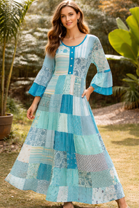 เดรสยาวผ้าฝ้ายทำมือสไตล์วินเทจจากอินเดีย ตกแต่งด้วยผ้าปะติดปะต่อ 100% แขนทรงร่ม สไตล์โบฮีเมียน สำหรับผู้หญิง ใส่สบายๆ ในฤดูใบไม้ร่วงและฤดูร้อน - Product Image 2