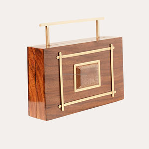 Women's Acacia Wood <b>Clutch</b> <b>Bag</b> with Brass Decoration Knob Casual <b>Vintage</b> Style Fashion Cotton Lining Primum Design - Product Image 4