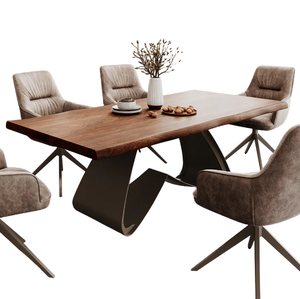 Mesa de Comedor de Madera de Acacia Sólida con Acabado Natural, Base Metálica en Forma de W, Estilo Industrial Moderno, para Cocina o Restaurante - Product Image 3