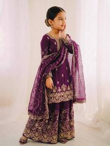 ชุดสัลวาร์ คามีซเด็กปักลายสีม่วง ผ้าไหม ชุดพื้นเมืองปากีสถานอินเดีย สำหรับงานแต่งงานและงานปาร์ตี้ - Product Image 5