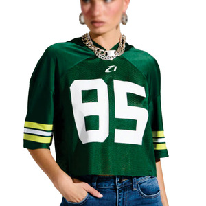 Camiseta de fútbol de malla con capucha corta verde para mujer, personalizada, a la moda, estilo urbano oversize, transpirable, moda deportiva, OEM ODM - Product Image 5