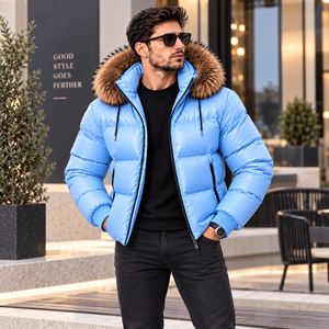 Men's Leather Puffer With Fox <b>Fur</b> <b>Hood</b> <b>Jacket</b>| Piumino Lucido Uomo | Chaqueta Brillante | Doudoune Brillante | LederJacke Herren - Product Image 1