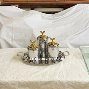 Luxury Hammered Stainless Steel Canister Set with Gold Leaf Knobs Decorative 3-Piece <b>Spice</b> & Dry Fruit Jar Set with Serving <b>Tray</b> - Product Image 3