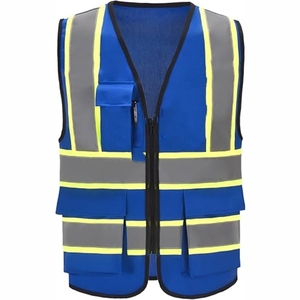Gilet de sécurité réfléchissant bleu haute visibilité pour homme avec poches, fermeture éclair, respirant, décontracté, style col en V pour l'été - Product Image 2