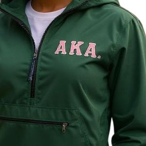 Dark Green Women Pack able Hooded Pullover Windbreaker with <b>Pink</b> Letter Patch Lightweight Half Zip Outdoor Casual <b>Jacket</b> Wear - Product Image 6