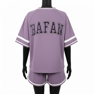 Ensemble short et maillot de baseball pour femme, respirant, en polyester, couleur lavande, avec logo personnalisé en strass, ensembles pour femme 100% coton - Product Image 2