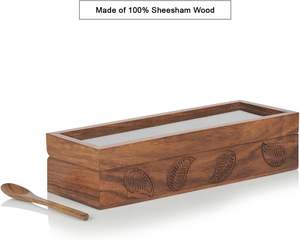 Wooden Spice <b>Box</b> | Hand Engraved Sheesham Wood Masala Dabba | Namak Daani with 3 Partitions & Spoon | Kitchen - Product Image 3