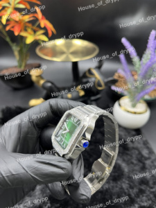 Reloj de Pulsera Cuadrado de Acero Inoxidable con Incrustaciones de Diamantes Moissanite, Esfera Verde con Números Romanos, Movimiento Automático, Fecha, Reloj de Moda - Product Image 4