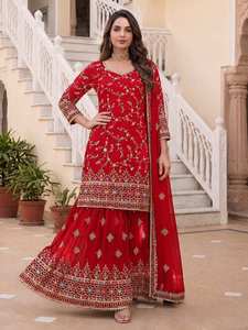 Ensemble sharara pour femme en faux georgette noir brodé avec kurti et dupatta en polyester, longueur ras du sol, robe ethnique traditionnelle pour soirée - Product Image 1