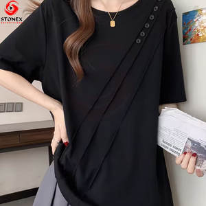 Camisetas de algodón de alta calidad para mujer, estilo oversize, con botones y pliegues, camisetas de manga corta, informales, para verano. - Product Image 6