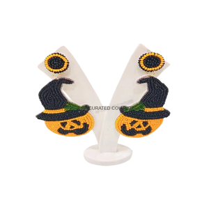 Handmade Christmas Children's Geometric Bohemian Beaded Ghost Pumpkin Design custom seed beading supplies custom earrings - Product Image 1