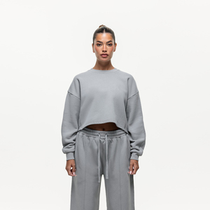 Sudadera Corta Oversize para Mujer, Cuello Redondo, Color Gris Sólido, Hombros Caídos, Felpa, Ropa Casual de Otoño - Product Image 1