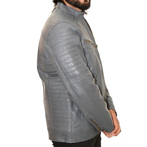<b>Men</b> Gray Genuine <b>Leather</b> Moto Biker <b>Jacket</b> Stand Collar Zipper Closure Slim Fit Windproof Winter Style <b>Faux</b> Fur Lining - Product Image 3