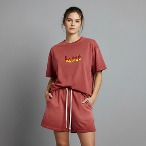 Ensemble short 2 pièces décontracté pour femme, sur mesure, de qualité supérieure, 100 % coton, coupe oversize, délavé, avec broderie unie et dentelle - Product Image 4