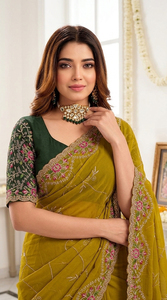 Sari en soie vert olive pour femme, broderie florale rose, tenue de mariage indienne traditionnelle, longueur ras du sol, coupe classique, protection solaire - Product Image 3